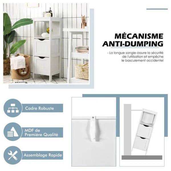 Armoire Autoportante de Salle De Bain avec 2 Tiroirs Amovibles Étagère Ouverte Design Anti-Basculement pour Salle de Bain Blanc