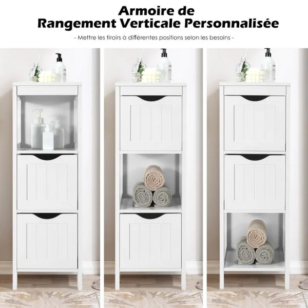 Armoire Autoportante de Salle De Bain avec 2 Tiroirs Amovibles Étagère Ouverte Design Anti-Basculement pour Salle de Bain Blanc
