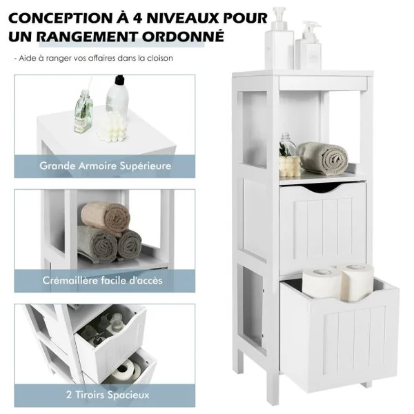 Armoire Autoportante de Salle De Bain avec 2 Tiroirs Amovibles Étagère Ouverte Design Anti-Basculement pour Salle de Bain Blanc