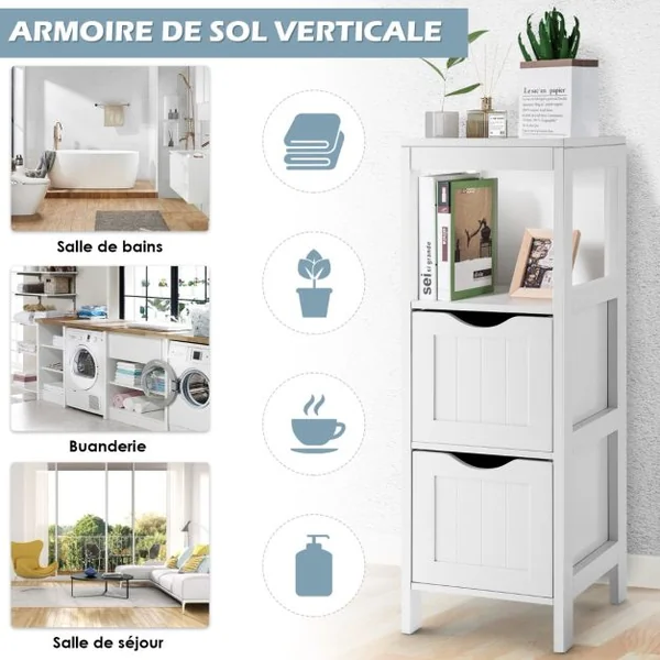 Armoire Autoportante de Salle De Bain avec 2 Tiroirs Amovibles Étagère Ouverte Design Anti-Basculement pour Salle de Bain Blanc