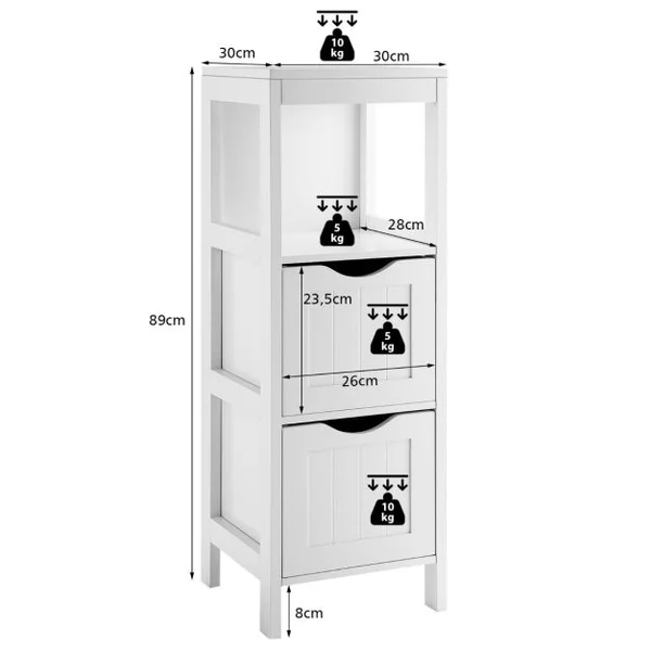Armoire Autoportante de Salle De Bain avec 2 Tiroirs Amovibles Étagère Ouverte Design Anti-Basculement pour Salle de Bain Blanc