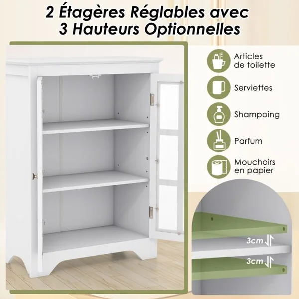 Armoire Autoportante Meuble de Rangement Autoportant 2 Portes en Verre Etagères Réglables Organisateur de Rangement Moderne Blanc