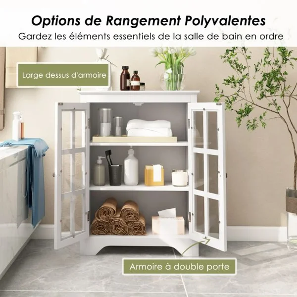 Armoire Autoportante Meuble de Rangement Autoportant 2 Portes en Verre Etagères Réglables Organisateur de Rangement Moderne Blanc