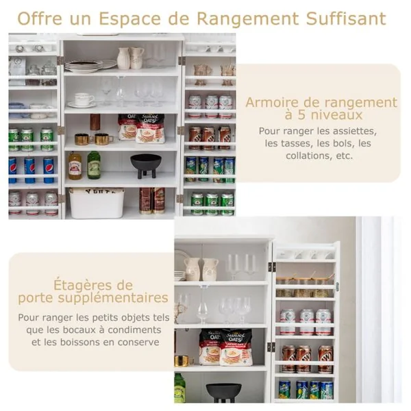 Armoire de Cuisine 2 Portes avec 16 Étagères Meuble Cuisine Rangement avec Dispositif Anti-Renversement Buffet Cuisine pour Salle à Manger Blanc