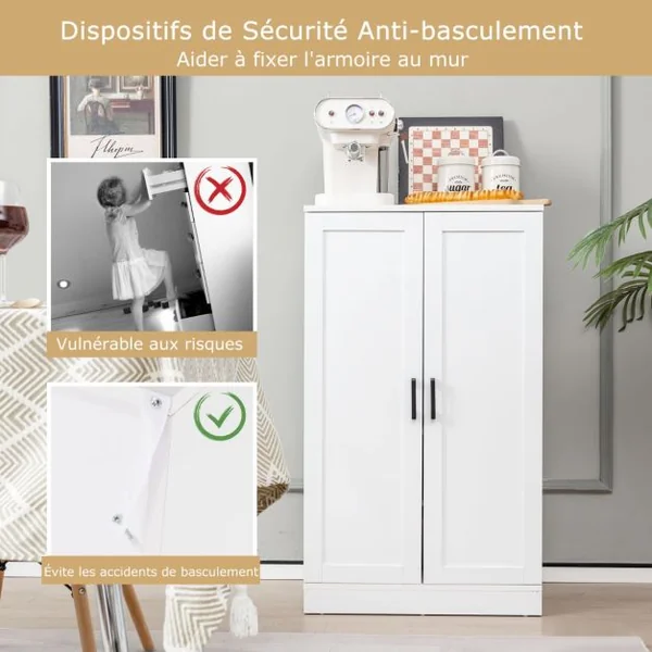 Armoire de Cuisine 2 Portes avec 16 Étagères Meuble Cuisine Rangement avec Dispositif Anti-Renversement Buffet Cuisine pour Salle à Manger Blanc