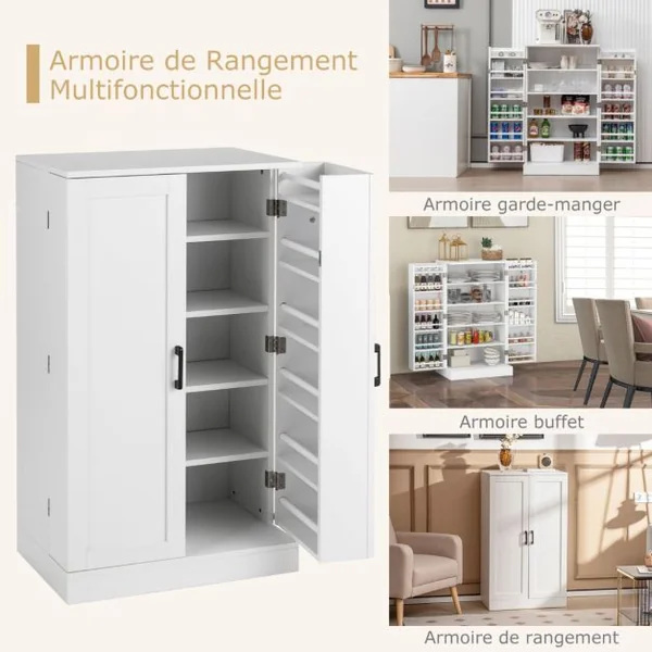 Armoire de Cuisine 2 Portes avec 16 Étagères Meuble Cuisine Rangement avec Dispositif Anti-Renversement Buffet Cuisine pour Salle à Manger Blanc