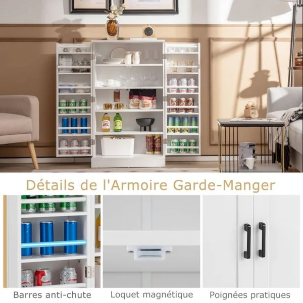Armoire de Cuisine 2 Portes avec 16 Étagères Meuble Cuisine Rangement avec Dispositif Anti-Renversement Buffet Cuisine pour Salle à Manger Blanc