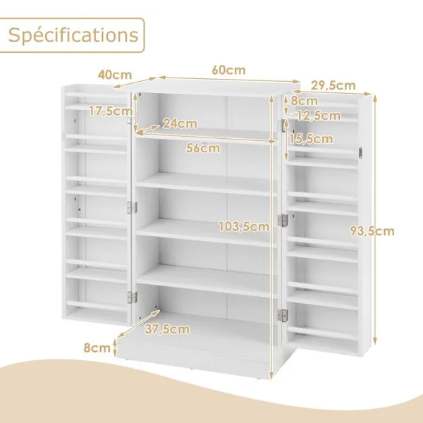 Armoire de Cuisine 2 Portes avec 16 Étagères Meuble Cuisine Rangement avec Dispositif Anti-Renversement Buffet Cuisine pour Salle à Manger Blanc