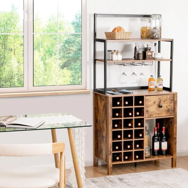 Armoire de Cuisine avec Casier à Vin Peut Contenir 18 Bouteilles et Tiroir Support de Bar à 4 Niveaux avec Support de Verre à Vin Café