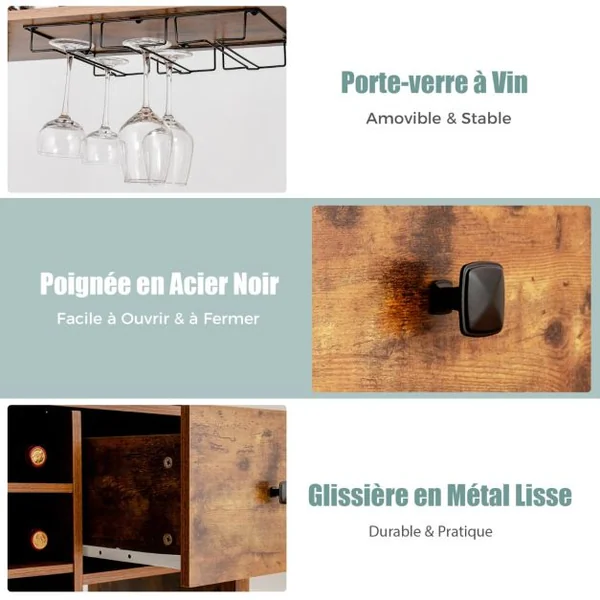 Armoire de Cuisine avec Casier à Vin Peut Contenir 18 Bouteilles et Tiroir Support de Bar à 4 Niveaux avec Support de Verre à Vin Café