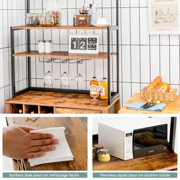 Armoire de Cuisine avec Casier à Vin Peut Contenir 18 Bouteilles et Tiroir Support de Bar à 4 Niveaux avec Support de Verre à Vin Café