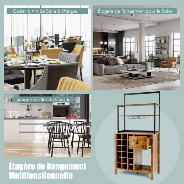 Armoire de Cuisine avec Casier à Vin Peut Contenir 18 Bouteilles et Tiroir Support de Bar à 4 Niveaux avec Support de Verre à Vin Café