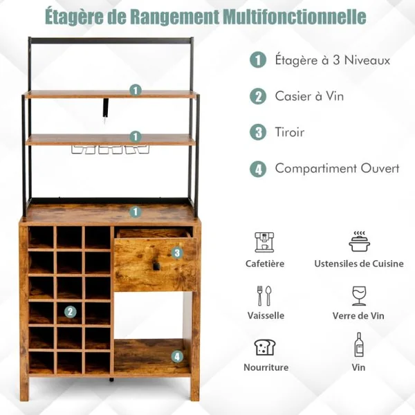 Armoire de Cuisine avec Casier à Vin Peut Contenir 18 Bouteilles et Tiroir Support de Bar à 4 Niveaux avec Support de Verre à Vin Café
