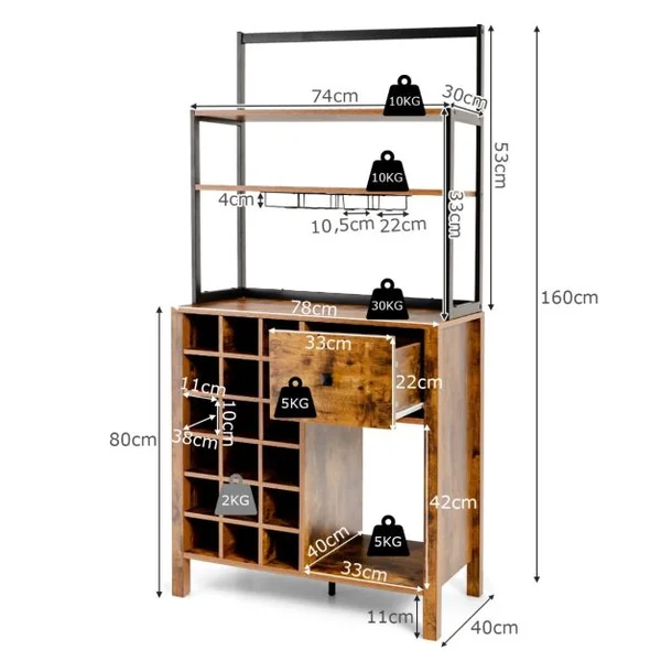 Armoire de Cuisine avec Casier à Vin Peut Contenir 18 Bouteilles et Tiroir Support de Bar à 4 Niveaux avec Support de Verre à Vin Café