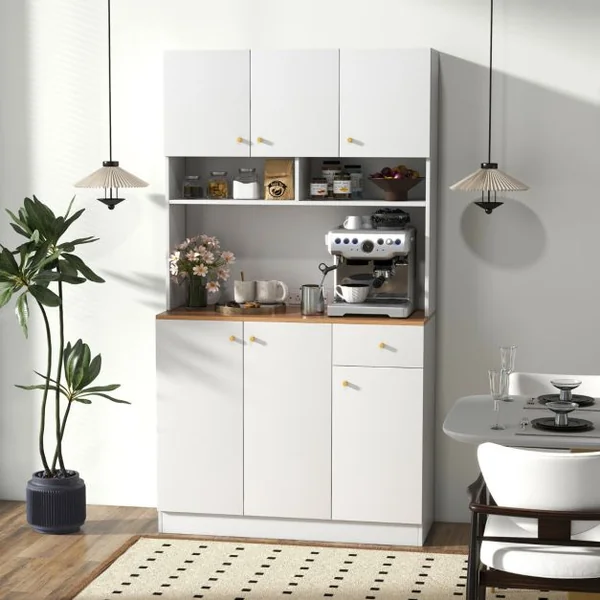 Armoire de Cuisine Haute Buffet de Cuisine avec Prises de Courant Support pour Micro-ondes Etagères Réglables avec Portes et Tiroirs Blanc
