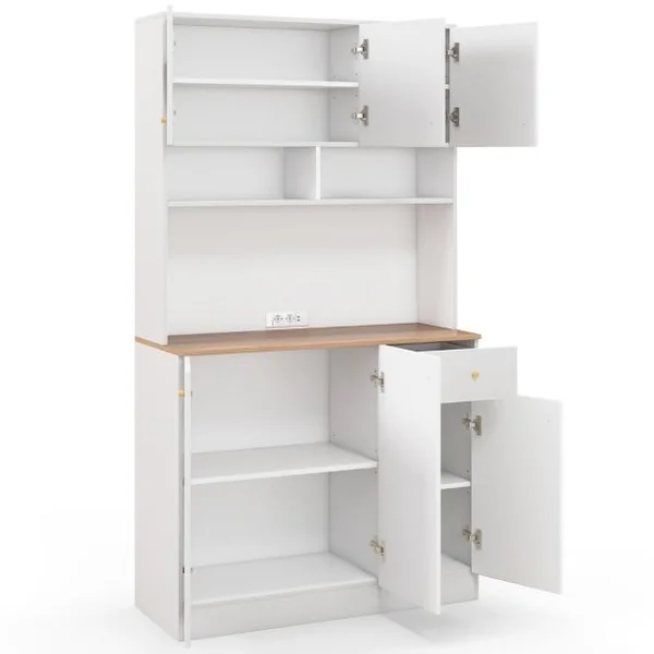 Armoire de Cuisine Haute Buffet de Cuisine avec Prises de Courant Support pour Micro-ondes Etagères Réglables avec Portes et Tiroirs Blanc