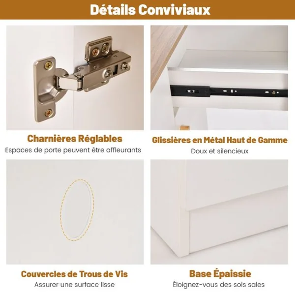 Armoire de Cuisine Haute Buffet de Cuisine avec Prises de Courant Support pour Micro-ondes Etagères Réglables avec Portes et Tiroirs Blanc