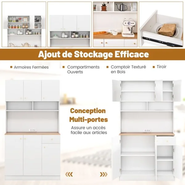 Armoire de Cuisine Haute Buffet de Cuisine avec Prises de Courant Support pour Micro-ondes Etagères Réglables avec Portes et Tiroirs Blanc