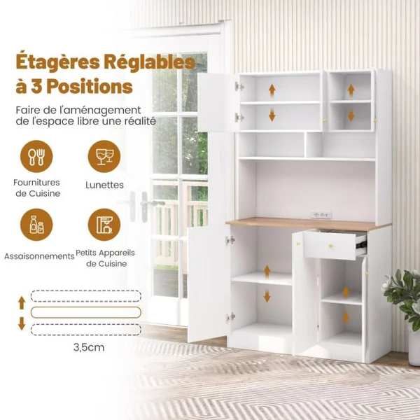 Armoire de Cuisine Haute Buffet de Cuisine avec Prises de Courant Support pour Micro-ondes Etagères Réglables avec Portes et Tiroirs Blanc