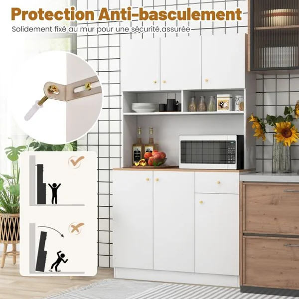 Armoire de Cuisine Haute Buffet de Cuisine avec Prises de Courant Support pour Micro-ondes Etagères Réglables avec Portes et Tiroirs Blanc