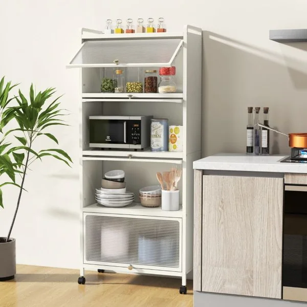 Armoire de Cuisine à 5 Niveaux avec Portes PC Rabattables Étagère Haute avec Protection Anti-basculement 60 x 32 x 154 cm Blanc/Noir/Gris/Vert