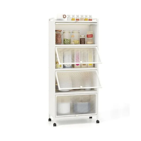 Armoire de Cuisine à 5 Niveaux avec Portes PC Rabattables Étagère Haute avec Protection Anti-basculement 60 x 32 x 154 cm Blanc/Noir/Gris/Vert
