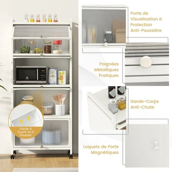 Armoire de Cuisine à 5 Niveaux avec Portes PC Rabattables Étagère Haute avec Protection Anti-basculement 60 x 32 x 154 cm Blanc/Noir/Gris/Vert