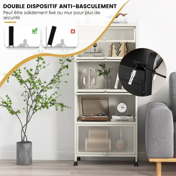 Armoire de Cuisine à 5 Niveaux avec Portes PC Rabattables Étagère Haute avec Protection Anti-basculement 60 x 32 x 154 cm Blanc/Noir/Gris/Vert