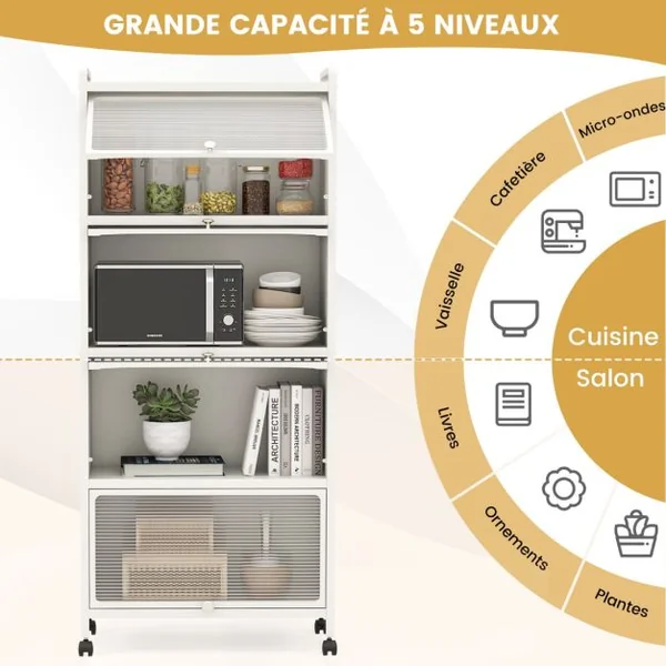 Armoire de Cuisine à 5 Niveaux avec Portes PC Rabattables Étagère Haute avec Protection Anti-basculement 60 x 32 x 154 cm Blanc/Noir/Gris/Vert