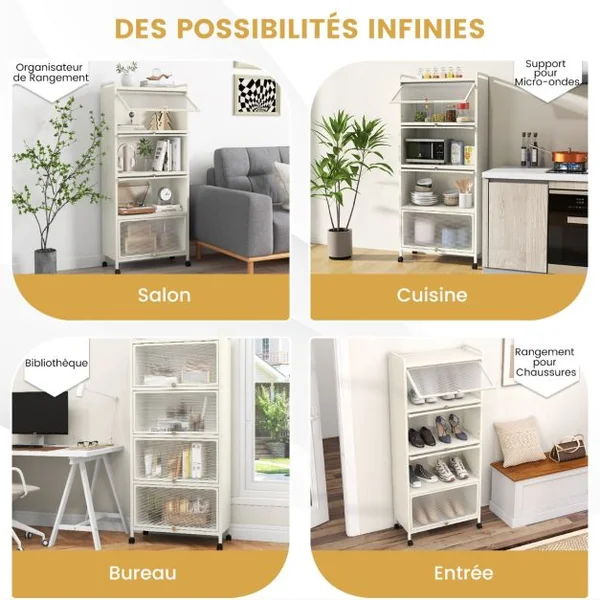 Armoire de Cuisine à 5 Niveaux avec Portes PC Rabattables Étagère Haute avec Protection Anti-basculement 60 x 32 x 154 cm Blanc/Noir/Gris/Vert