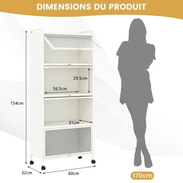 Armoire de Cuisine à 5 Niveaux avec Portes PC Rabattables Étagère Haute avec Protection Anti-basculement 60 x 32 x 154 cm Blanc/Noir/Gris/Vert