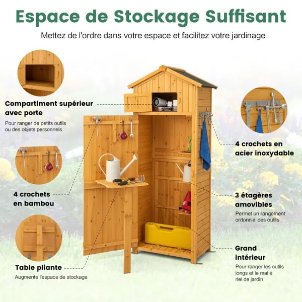 Armoire de Jardin en Bois Imperméable avec Toit Abri de Jardin avec Table Pliable Étagères et 8 Crochets 75x50x180,5CM