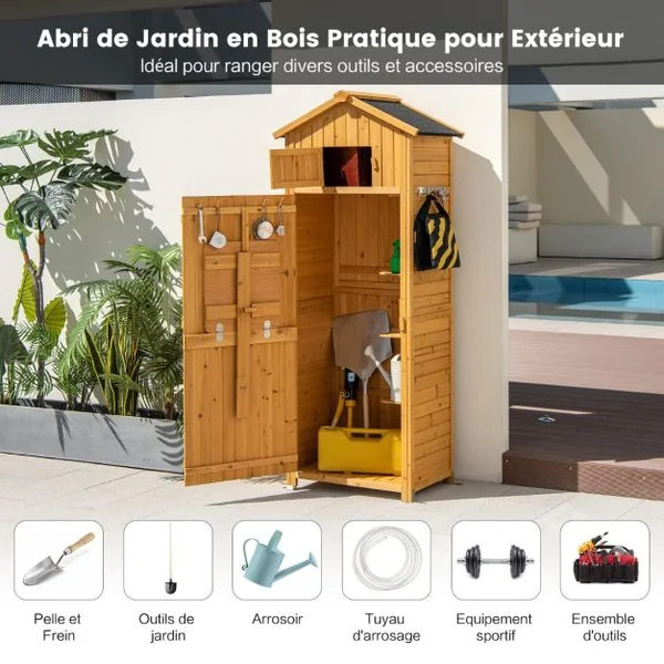 Armoire de Jardin en Bois Imperméable avec Toit Abri de Jardin avec Table Pliable Étagères et 8 Crochets 75x50x180,5CM
