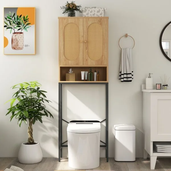 Armoire de Rangement Au-dessus des Toilettes 175 cm Organiseur Autoportant Au-dessus des Toilettes avec Portes et Etagères en Rotin Naturel