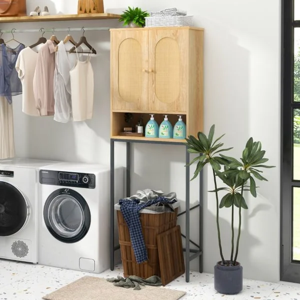 Armoire de Rangement Au-dessus des Toilettes 175 cm Organiseur Autoportant Au-dessus des Toilettes avec Portes et Etagères en Rotin Naturel