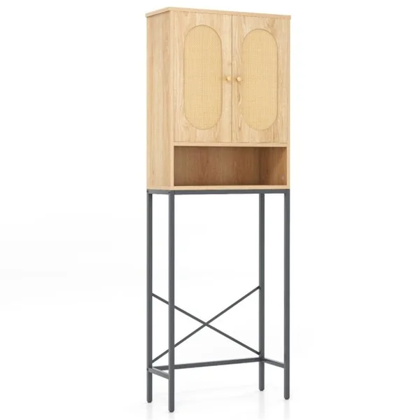 Armoire de Rangement Au-dessus des Toilettes 175 cm Organiseur Autoportant Au-dessus des Toilettes avec Portes et Etagères en Rotin Naturel