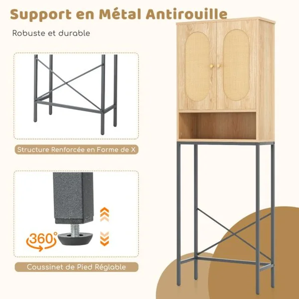 Armoire de Rangement Au-dessus des Toilettes 175 cm Organiseur Autoportant Au-dessus des Toilettes avec Portes et Etagères en Rotin Naturel