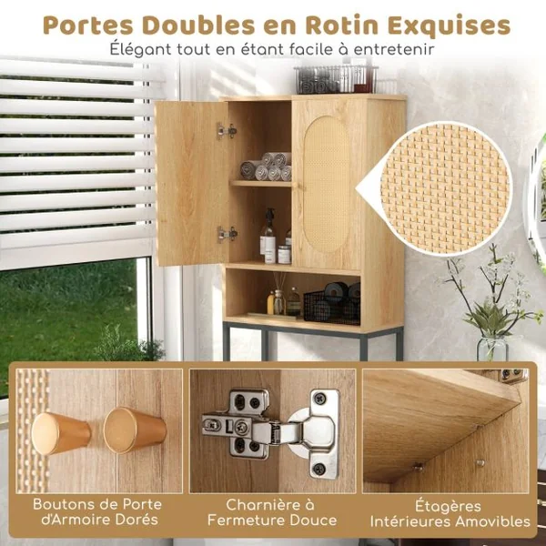 Armoire de Rangement Au-dessus des Toilettes 175 cm Organiseur Autoportant Au-dessus des Toilettes avec Portes et Etagères en Rotin Naturel