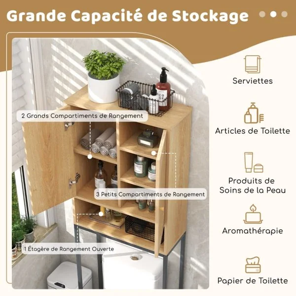 Armoire de Rangement Au-dessus des Toilettes 175 cm Organiseur Autoportant Au-dessus des Toilettes avec Portes et Etagères en Rotin Naturel