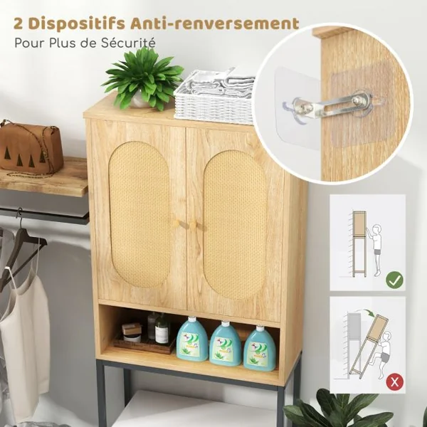 Armoire de Rangement Au-dessus des Toilettes 175 cm Organiseur Autoportant Au-dessus des Toilettes avec Portes et Etagères en Rotin Naturel