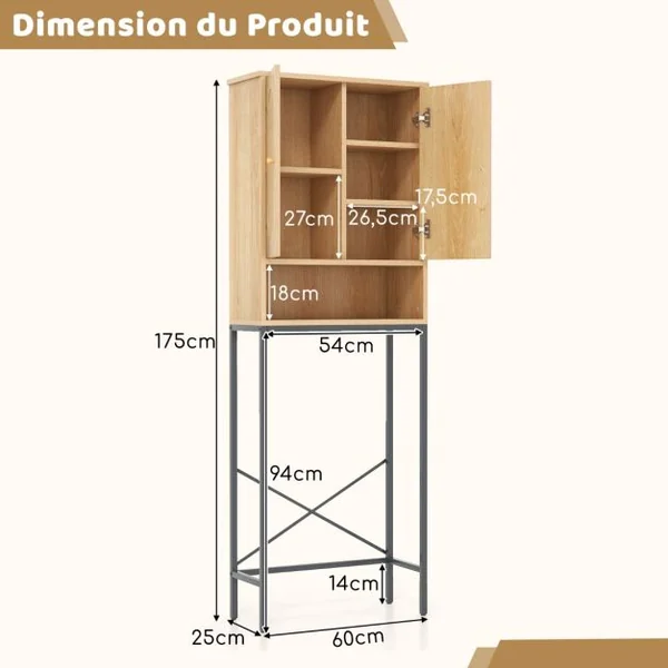Armoire de Rangement Au-dessus des Toilettes 175 cm Organiseur Autoportant Au-dessus des Toilettes avec Portes et Etagères en Rotin Naturel