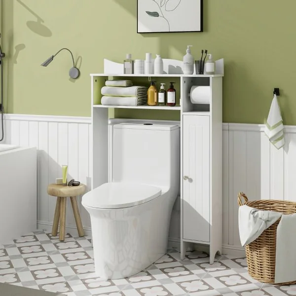 Armoire de Rangement Au-dessus Des Toilettes avec Porte-papier Toilette Étagères Réglables Meuble de Rangement Autoportant Kit Anti-basculement Blanc
