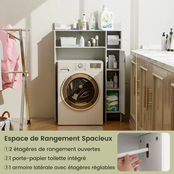 Armoire de Rangement Au-dessus Des Toilettes avec Porte-papier Toilette Étagères Réglables Meuble de Rangement Autoportant Kit Anti-basculement Blanc