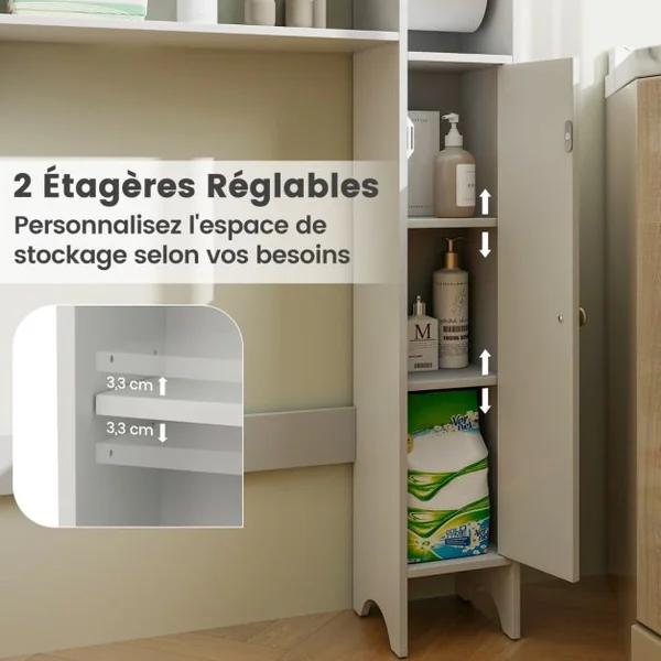 Armoire de Rangement Au-dessus Des Toilettes avec Porte-papier Toilette Étagères Réglables Meuble de Rangement Autoportant Kit Anti-basculement Blanc
