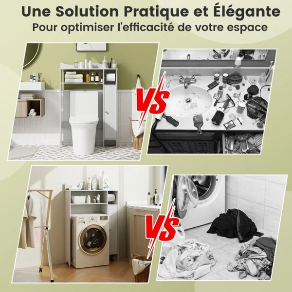 Armoire de Rangement Au-dessus Des Toilettes avec Porte-papier Toilette Étagères Réglables Meuble de Rangement Autoportant Kit Anti-basculement Blanc