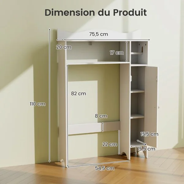 Armoire de Rangement Au-dessus Des Toilettes avec Porte-papier Toilette Étagères Réglables Meuble de Rangement Autoportant Kit Anti-basculement Blanc
