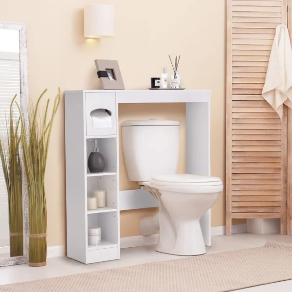 Armoire de Rangement Au-Dessus des Toilettes avec Étagères Réglables et Porte-Papier Toilette Étagère De Rangement Multifonctionnelle Blanc
