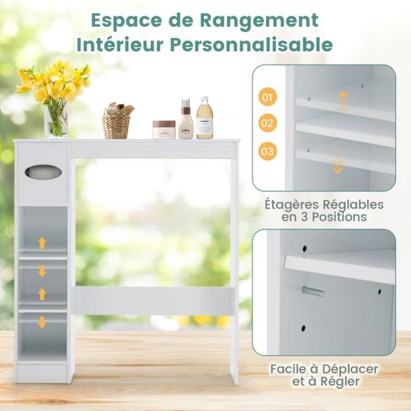 Armoire de Rangement Au-Dessus des Toilettes avec Étagères Réglables et Porte-Papier Toilette Étagère De Rangement Multifonctionnelle Blanc