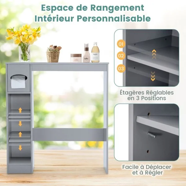 Armoire de Rangement Au-Dessus des Toilettes avec Étagères Réglables et Porte-Papier Toilette Étagère De Rangement Multifonctionnelle Gris