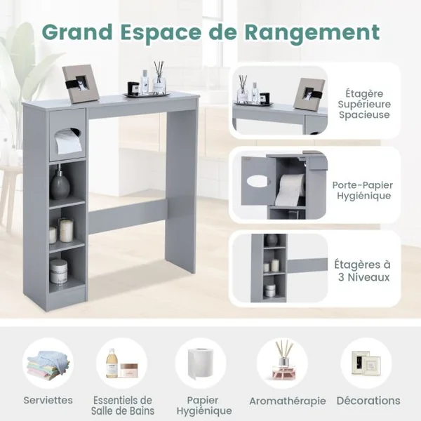 Armoire de Rangement Au-Dessus des Toilettes avec Étagères Réglables et Porte-Papier Toilette Étagère De Rangement Multifonctionnelle Gris